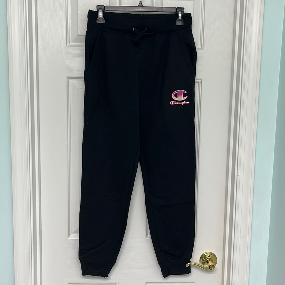 Champion, size S, black joggers with pink champion emblem